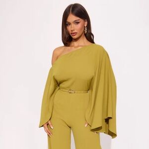 Fashion Nova Mustard One-Shoulder Jumpsuit